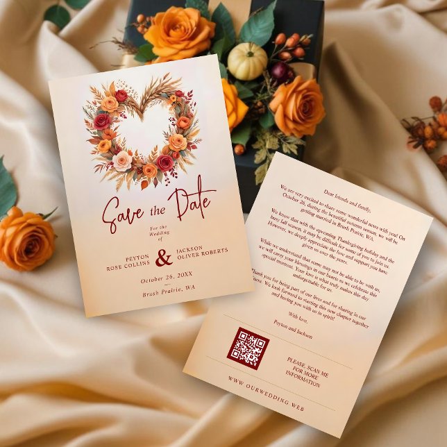 Reserve A Data Reserva La Fecha Decorative & Elaborate Elegant Po (Charming Floral Wedding Featuring Fall Wreath Heart Shape Save the Dates Cards. )