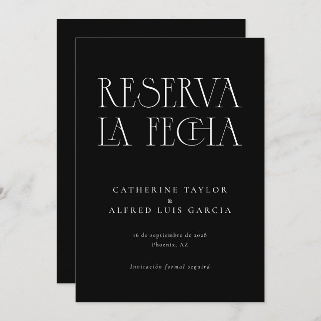 Reserve A Data Reserva La Fecha Moderna Casamento Espanhol Preto (Frente/Verso)