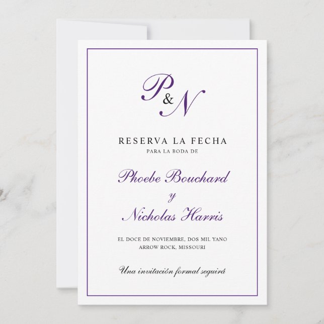 Reserve A Data Reserva la Fecha Purple Monograma Formal (Frente)