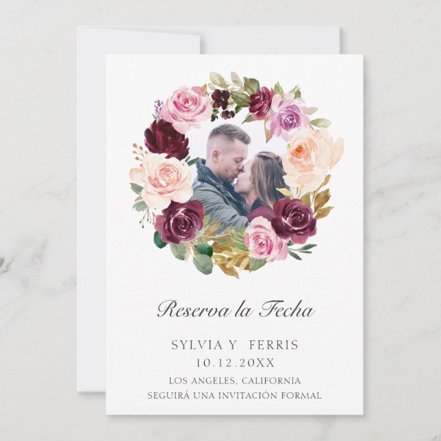 Reserve A Data Reserva la Fecha Roxo Floral Foto Espanhol (Frente)
