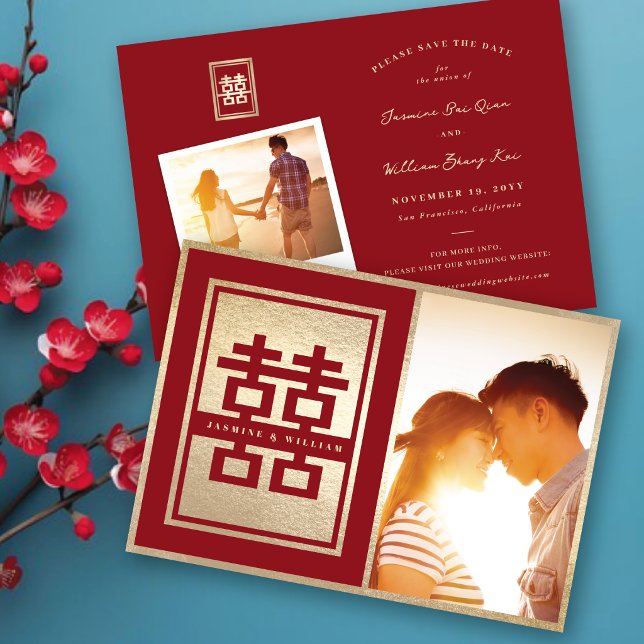 Reserve A Data Retângulo Clássico Vermelho/Dourado 囍 Foto de Casa (Red/Gold Classic Rectangle 囍 Chinese Wedding Photo Save The Date Announcement Card @ fatfatin)