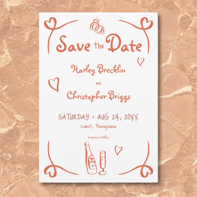 Reserve A Data Retrato Whimsical Desenhou Casamento Laranja Sunse (Whimsical Retro Hand Drawn Sunset Orange Wedding Save The Date)