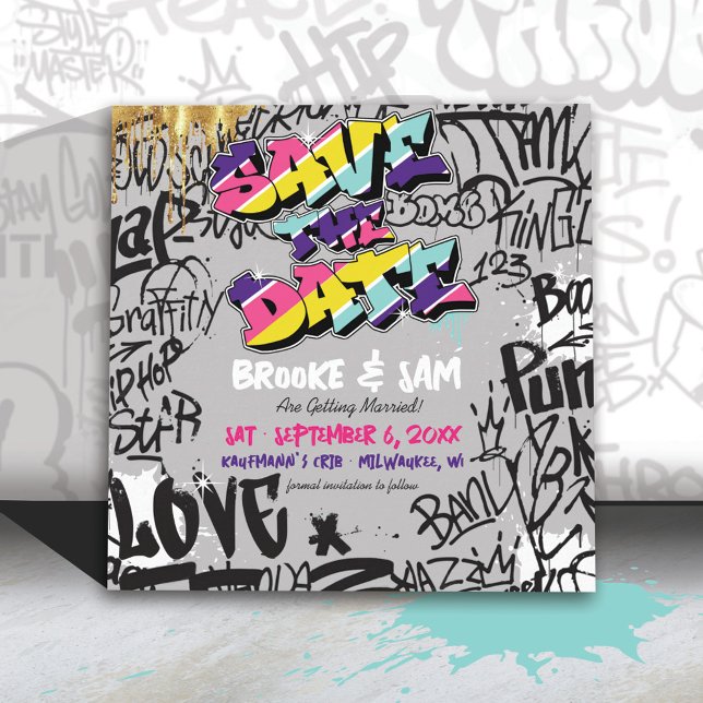 Reserve A Data Retro anos 80 Hip Hop Grafite Casamento Salvar A D (Fun colorful retro vintage 80's hip hop graffiti gold record wedding invitation suite save the date)