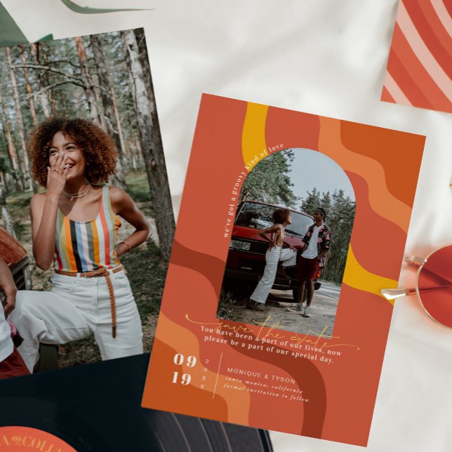 Reserve A Data Retro Anos Setenta | Foto em Arco Save the Date (Criador carregado)