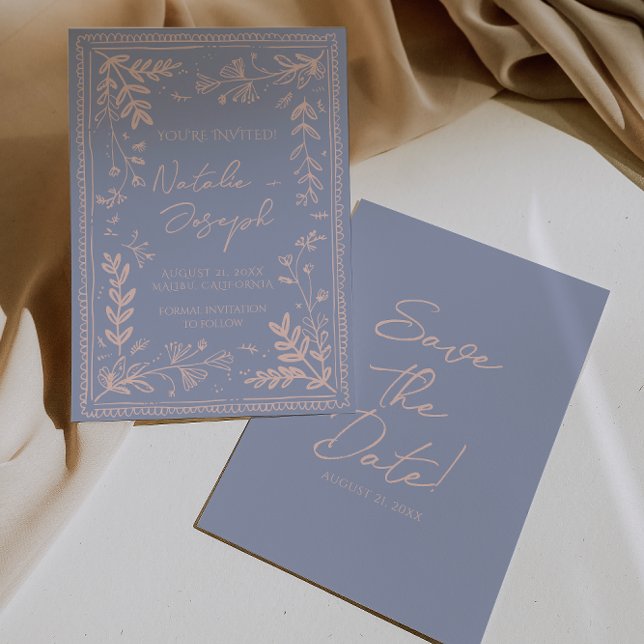 Reserve A Data Retro Azul Creme Floral Desenhado Jardim Salve O D (Criador carregado)