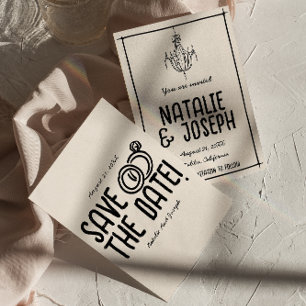 Reserve A Data Retro Black White Hand Drawn Casamento Único Quirk