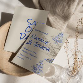 Reserve A Data Retro Blue Hand Drawn Champagne Tower Cake Wedding