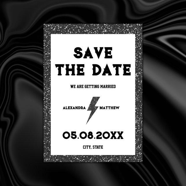 Reserve A Data Retro de Largura Preta do Rock e Roll (rock and roll save the date black glitter rock black wedding retro vintage)
