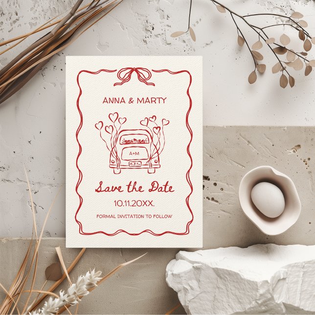 Reserve A Data Retro Desenhado à Mão Vermelho Arco Único Carro de (Hand-drawn Quirky Funky Vintage Retro Whimsical Red Scribble Doodle Wedding Save the Date)