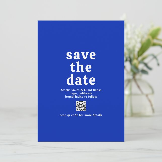 Reserve A Data Retro Font Royal Blue QR Code Modern Wedn (Em pé/Frente)