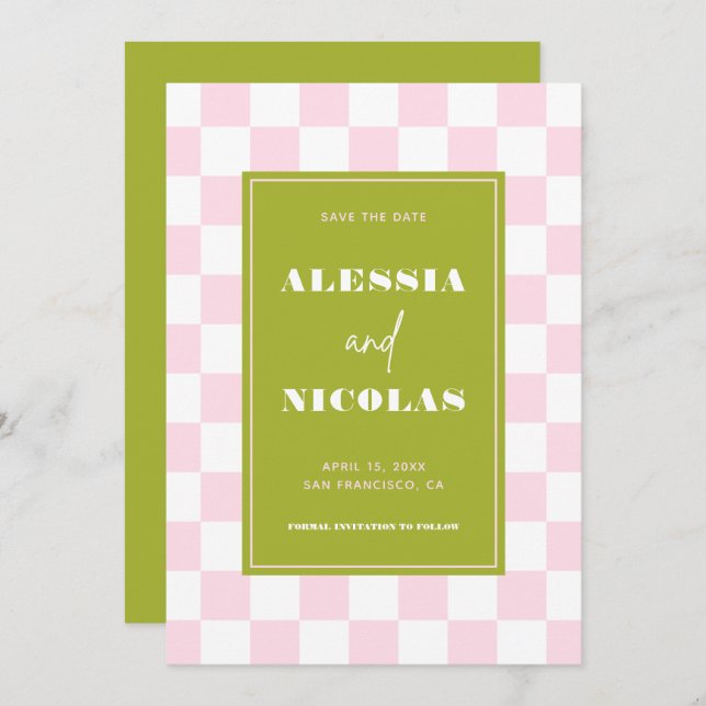 Reserve A Data Retro Fun Pink & Green Checkerboard Check Wedding (Frente/Verso)