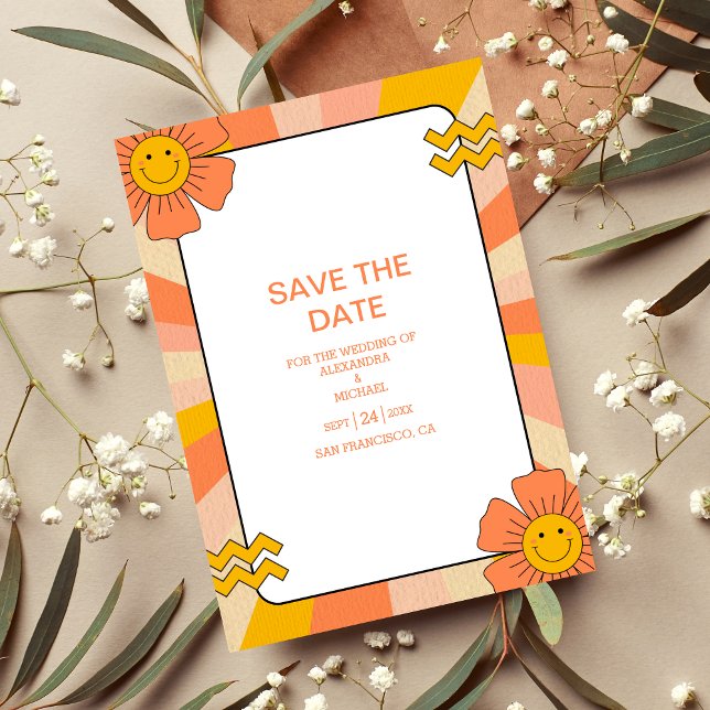 Reserve A Data Retro Groovy 70's Themed Muted Tones Wedding Save (Criador carregado)