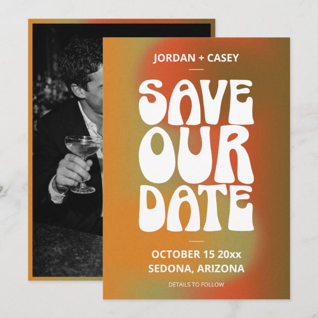 Reserve A Data Retro Groovy Burnt Orange Fall Photo Wedding (Frente/Verso)