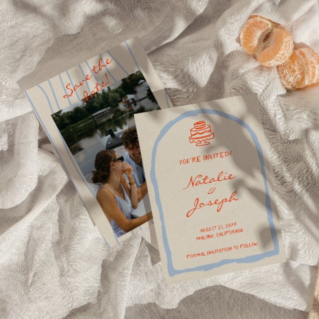 Reserve A Data Retro Laranja Azul Mão Desenhada Tendência Casamen (Criador carregado)