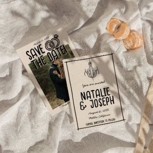 Reserve A Data Retro Mão Desenhada Quirky Único Foto Boho Casamen