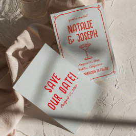 Reserve A Data Retro Mão Desenhada Vermelho Coquetel Azul Funky C