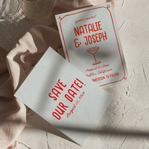 Reserve A Data Retro Mão Desenhada Vermelho Coquetel Azul Funky C