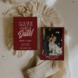 Reserve A Data Retro Pink Deep Red Modern Unique Photo Wedding