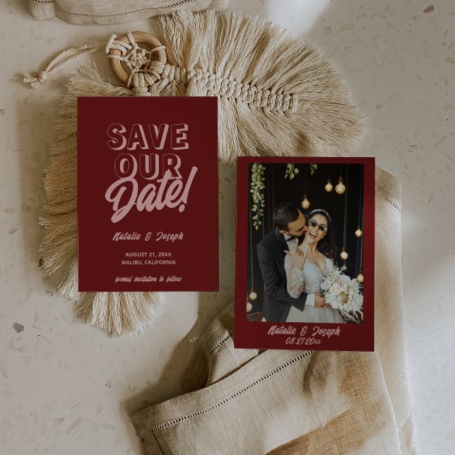Reserve A Data Retro Pink Deep Red Modern Unique Photo Wedding (Criador carregado)