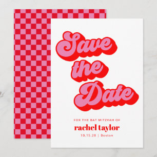 Reserve A Data Retro Rosa Vermelho Xadrez Bat Mitzvah