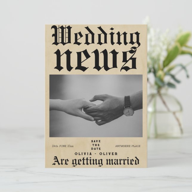 Reserve A Data Retro vintage newspaper wedding  (Em pé/Frente)