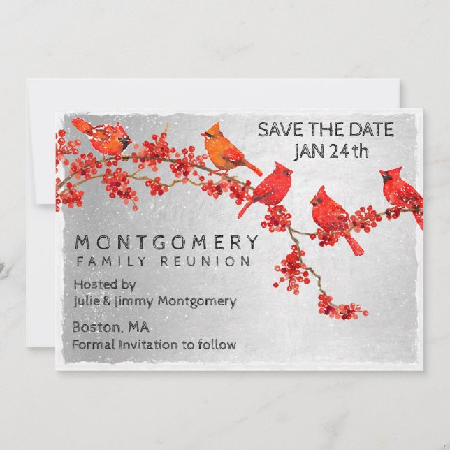 Reserve A Data Reunião Familiar Cardinhos Vermelhos Prata Salvar  (Frente)