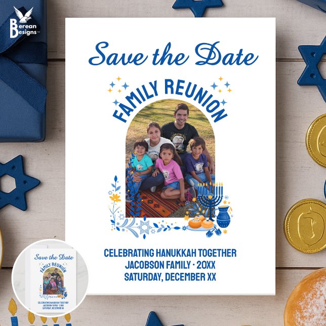 Reserve A Data REUNIÃO Personalizável DA FAMÍLIA HANUKKAH (Save the Date for family reunion to celebrate Hanukkah. Shirts, gifts, party supplies available.)