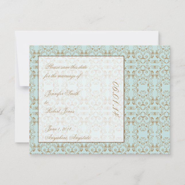 Reserve A Data Robin Egg Azul Casamento tema damasco Dourado Salv (Frente)