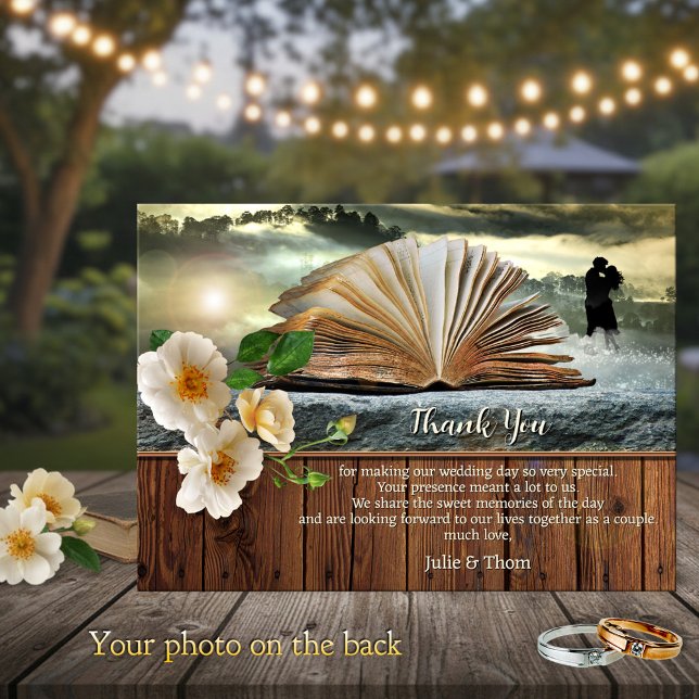 Reserve A Data Romantic Book Lovers Wedding Thank You Card (Wedding Thank You card featuring a book in a dreamy landscape scene with roses on rustic wood)