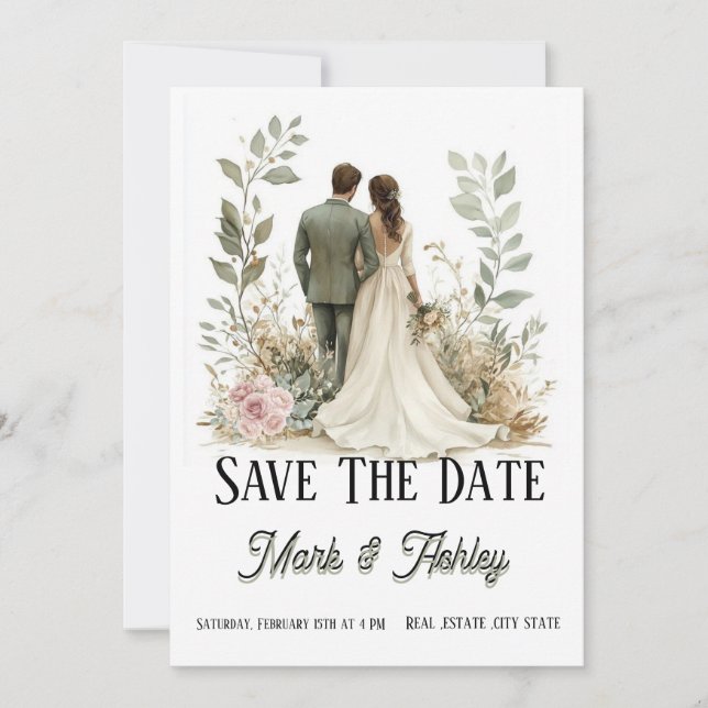 Reserve A Data Romantic Botanical Save The Date | Bride & Groom  (Frente)