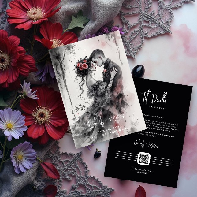 Reserve A Data Romantic Chic Charming Gothic Couple Wedding  (Romantic Chic Charming Gothic Couple Wedding Save the Date Cards with Back QR Code. )