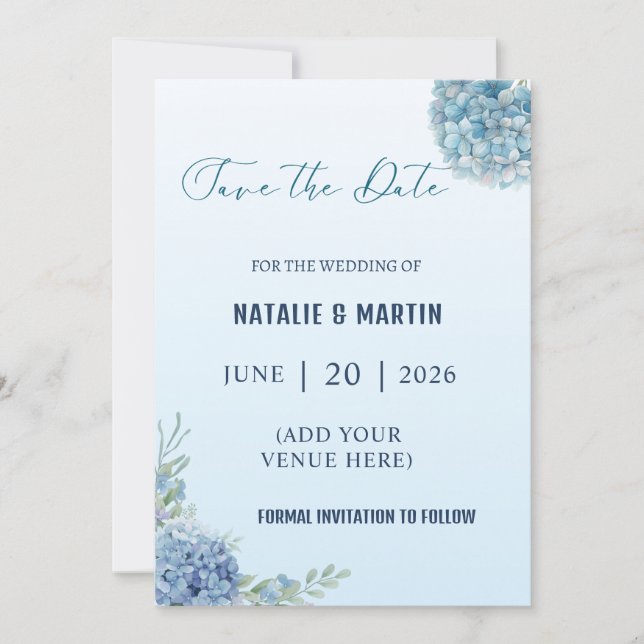 Reserve A Data Romantic Dusty Blue Hydrangea Watercolor Wedding (Frente)