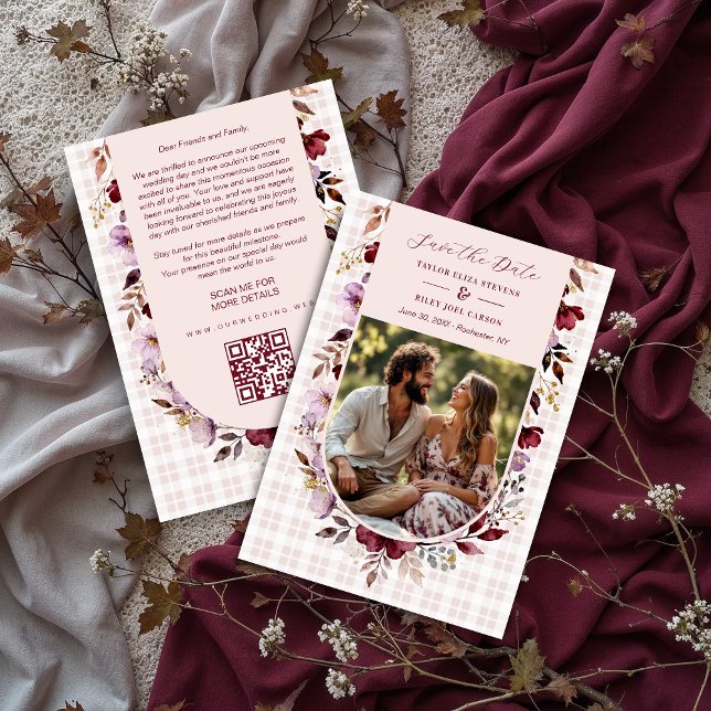 Reserve A Data Romantic Spring Burgundy Floral Arch Wedding (Romantic Spring-Inspired Burgundy Floral Arch Wedding Save the Date Design with Back Photo.)