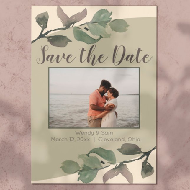 Reserve A Data Romântica Aquarela Deixa Casamento Salvar a Data (Romantic & sweet, this sage & cream watercolor leaf save the date is a great start to your wedding!)