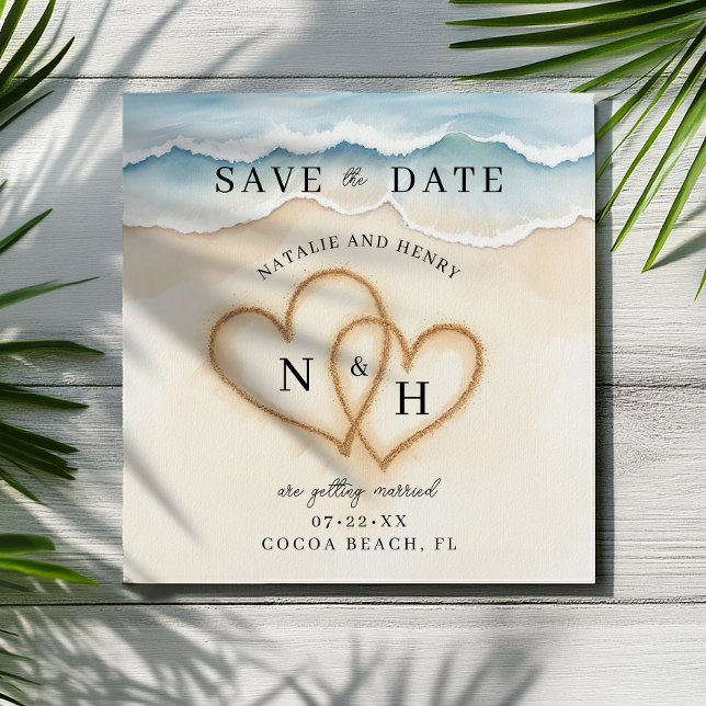 Reserve A Data Romântica Beach Hearts Salva a data | Aquarela (Tropical Save The Date Card)