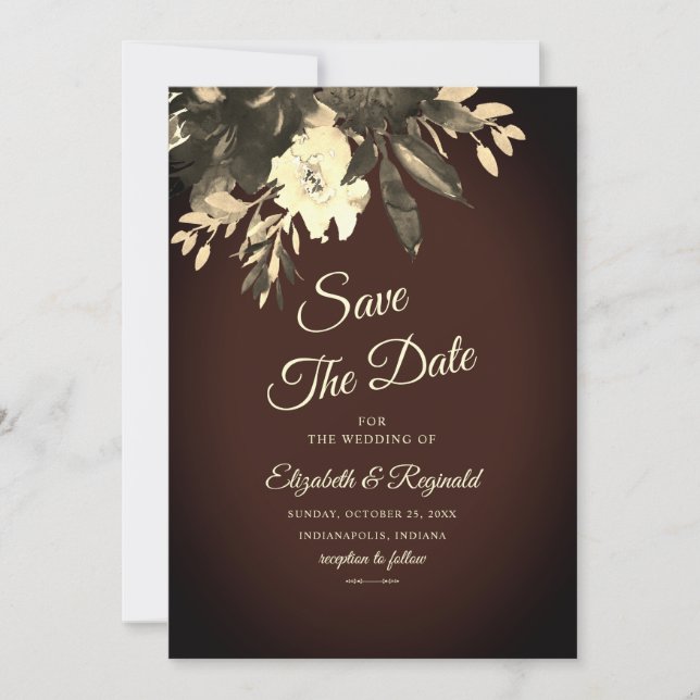 Reserve A Data Romântica Castanho Escuro Queda Floral Salvar Data (Frente)