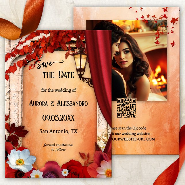 Reserve A Data Romântica Foto de queda italiana clássica Salve a  (Romantic classic Italian wedding Save the Date card showing a Roman arch with a lantern and flowers)
