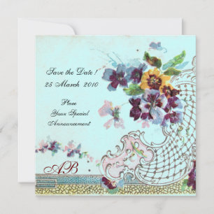 Reserve A Data ROMÂNTICA Monograma de casamento floral rosa azul 
