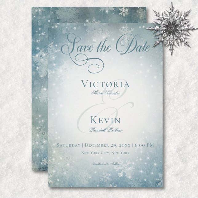 Reserve A Data Romântica Neve Cintilante Azul e Branco (Romantic Falling Snow Blue & White Sparkle Save The Date)