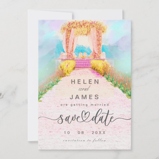 Reserve A Data Romântico Arco Floral Aquarela Salve a Data  (Frente)