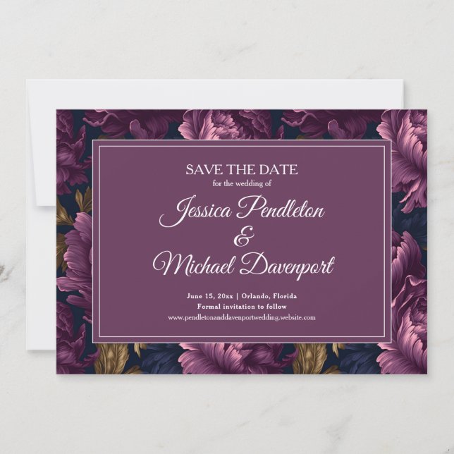 Reserve A Data Romântico Save the Date Floral Ameixa Casamento (Frente)