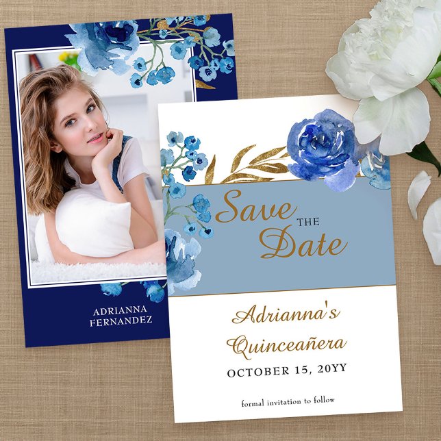 Reserve A Data Rosa Azul Real e Quinceanera Folha Dourada (Photo Save the Date from my Rose and Gold Leaf quinceanera collection)