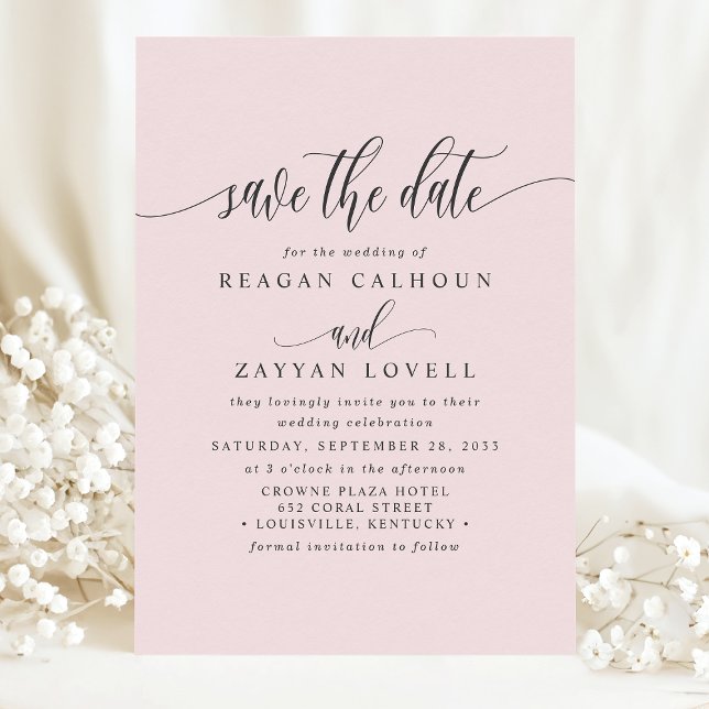 Reserve A Data Rosa Bege Elegante Caligrafia Save The Date (Criador carregado)