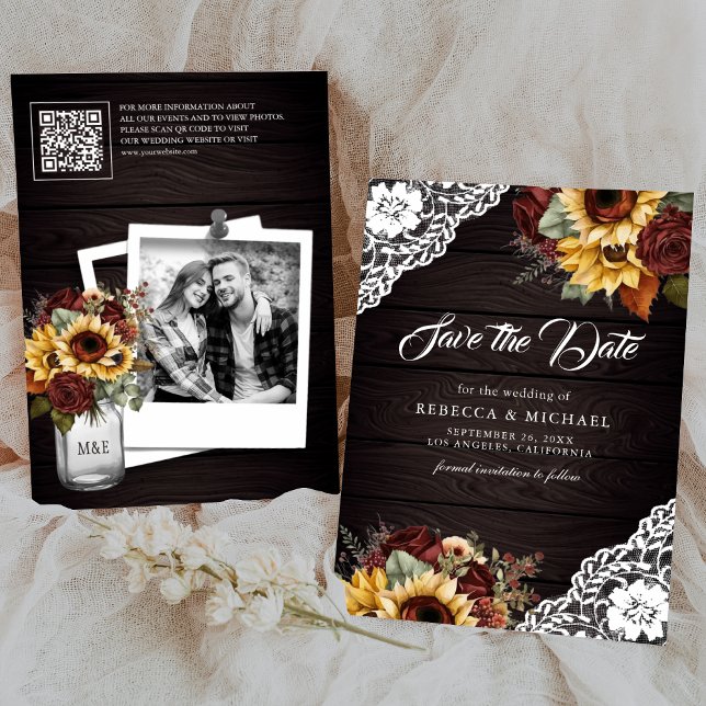 Reserve A Data Rosa Borgonha Girassol Madeira Código QR Casamento (Criador carregado)