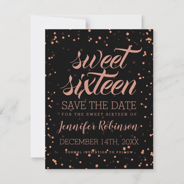 Reserve A Data Rosa Dourado Blac Sweet 16 Save Date Sparkle Confe (Frente)