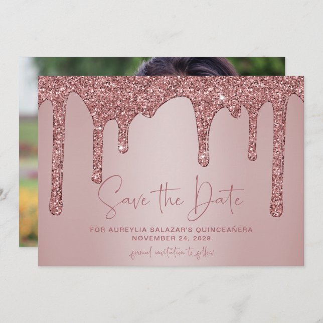 Reserve A Data Rosa Dourado Glitter Drives Quinceanera Salve a Da (Frente/Verso)