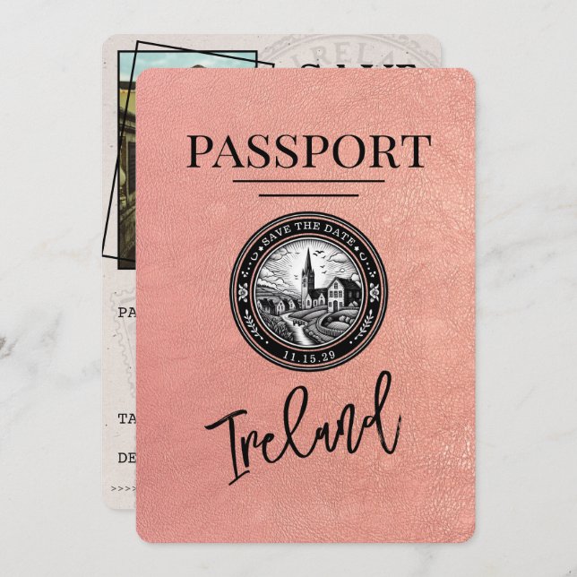 Reserve A Data Rosa Dourado Ireland Passaporte Salvar Data (Frente/Verso)