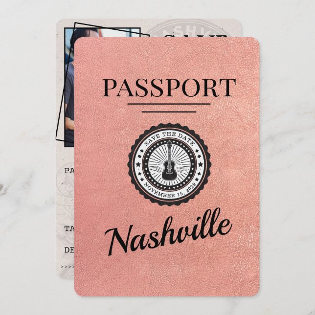 Reserve A Data Rosa Dourado Nashville Passport Salvar Data (Frente/Verso)
