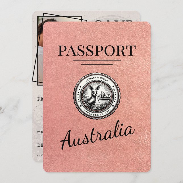 Reserve A Data Rosa Dourado Passaporte Austrália Salvar Data (Frente/Verso)