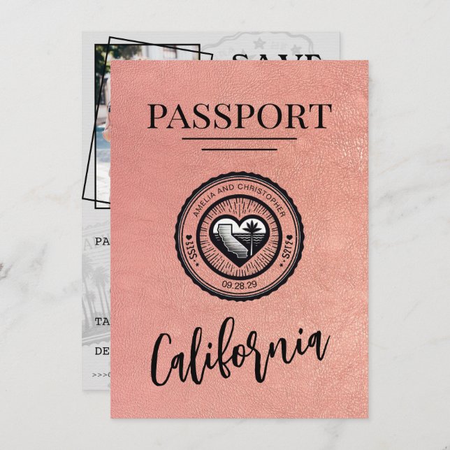 Reserve A Data Rosa Dourado Passaporte California Salvar Data (Frente/Verso)